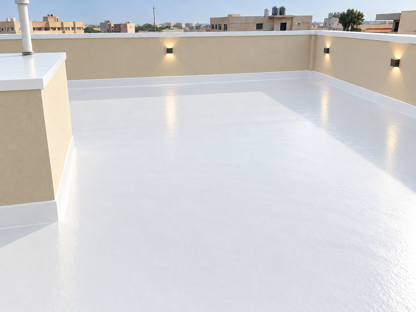 Illustrative visualization: the same facade finished with a smooth, matte protective coating